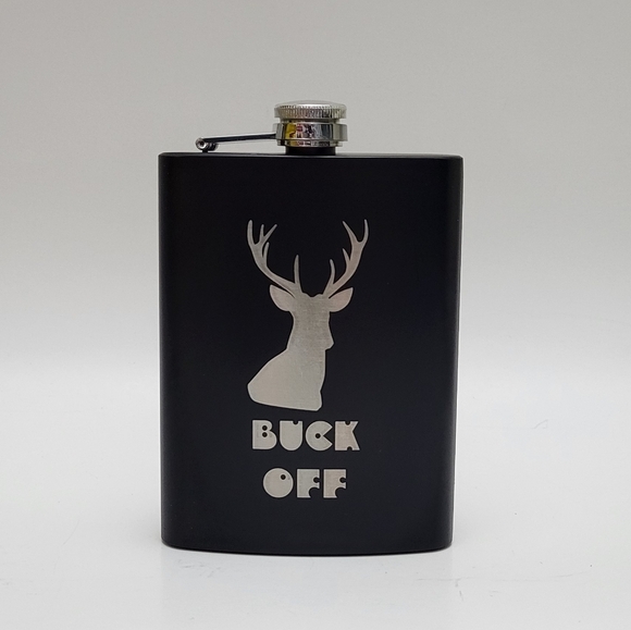 NWOT Flask, stainless steel, black, 8 oz., laser engraved with BUCK OFF saying - Picture 1 of 1